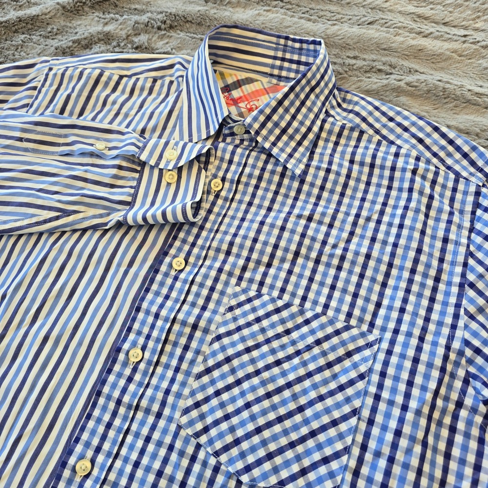 Robert Graham Mens Large Blue White Striped Gingham Split Button Down Shirt L